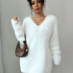 V-Neck Cozy Fuzzy Solid Loose Fit Sweater