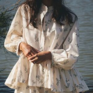 Puff Sleeve High Neck Ruffle Floral Two Piece Set